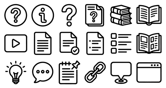 Help Center, FAQ and Documentation Icon Set. Knowledge Base, User Guide and Customer Support. Editable Vector Illustration