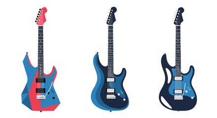 Obraz premium Selection of three sleek electric guitars in various shades of blue and red, isolated on a clean white background.