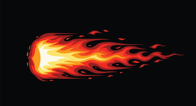Powerful cartoon fireball or blazing comet trail with red and orange flames flying across a dark black background.