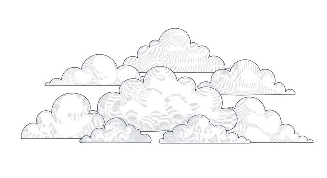 Detailed hand-drawn vintage style cloud engraving pattern showing multiple fluffy clouds on a white background.