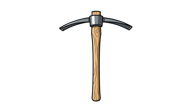 Classic pickaxe tool with a sharp iron head and a smooth wooden handle, isolated on a clean white background.