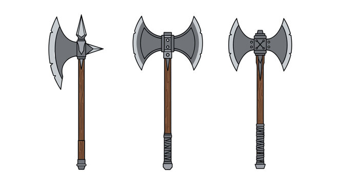 Collection of medieval battle axes with wooden handles and sharp steel blades shown from different angles on a white background.