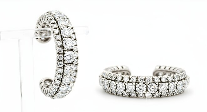 Diamond-studded luxury ear cuff showcased with elegant lighting on pure white background, minimum shadows.