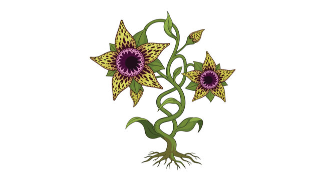 Strange fantasy carnivorous plant featuring leopard spotted star shaped flowers with roots on a white background.