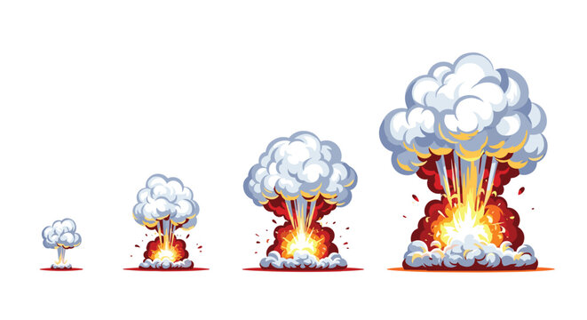Sequential stages of a nuclear mushroom cloud explosion showing growth from tiny smoke plume to a massive blast.