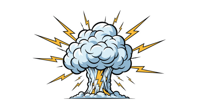 Comic book style cloud explosion with powerful lightning strikes showing shockwave, energy, and radioactive blast.