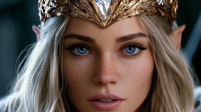 Elf queen with golden crown in a forest setting during daylight, showing realistic skin textures and cinematic lighting in a fantasy world