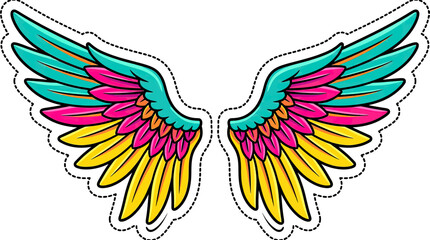 Fototapeta premium Colorful cartoon wings sticker with dotted outline