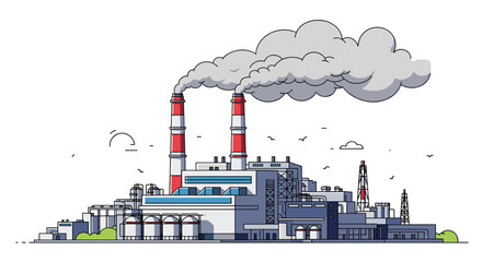 Obraz premium Large industrial factory building with tall red and white chimneys emitting thick grey smoke clouds into the air.