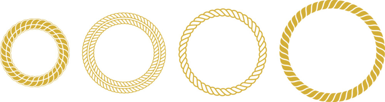 Golden rope circle frame set four sizes twisted cord border decoration vector illustration