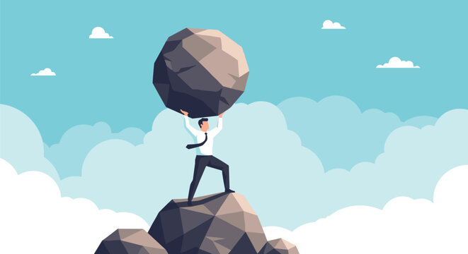 Businessman in a white shirt and tie holding a massive rock boulder on the top of a peak against blue sky.