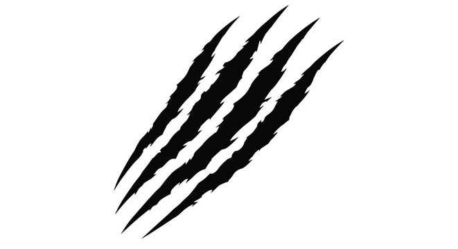 Powerful wild beast black claw scratch marks indicating tiger, bear, or monster attack on white background.