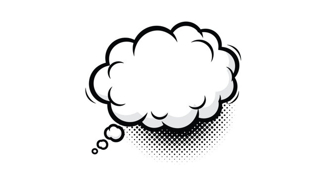 Blank white comic book thought bubble or dream cloud with dark halftone dot shadow on white background.