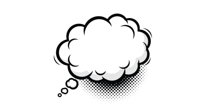 Blank white comic book thought bubble or dream cloud with dark halftone dot shadow on white background.
