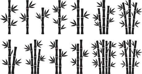 Naklejka premium Set of black bamboo stalk icons with green leaves isolated on a plain background for nature and zen design projects