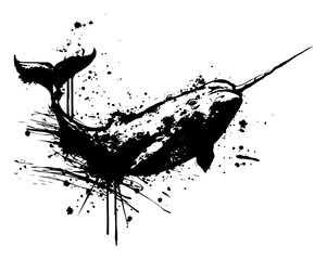Narwhal Whale with Tusk Ink Splatter Grunge Style Arctic Marine Life Artistic Vector Illustration © Luka