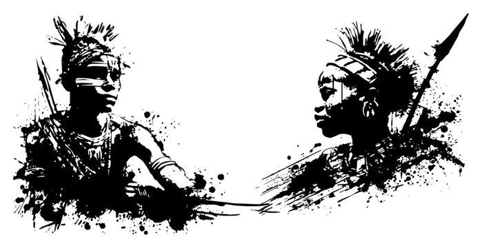 African Tribal Warriors Silhouette with Spears Ink Splatter Grunge Style Indigenous People Vector Illustration