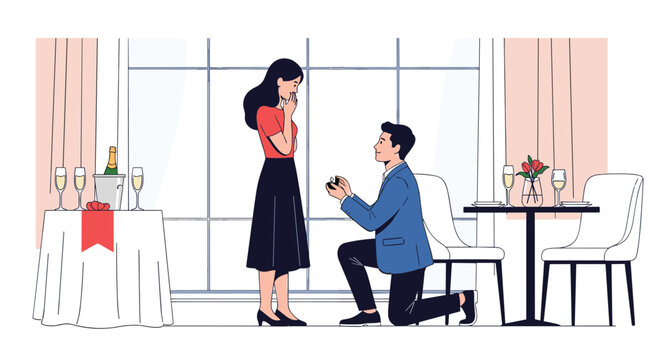 Young man proposing to his beautiful girlfriend on bended knee in a romantic restaurant setting with champagne toast.