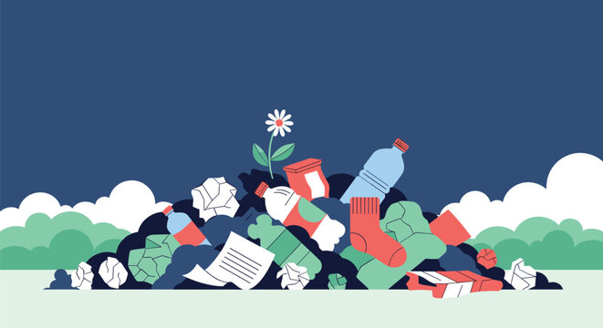 Big pile of plastic bottles, paper trash, and general waste with a single clean white daisy flower growing resiliently on top.