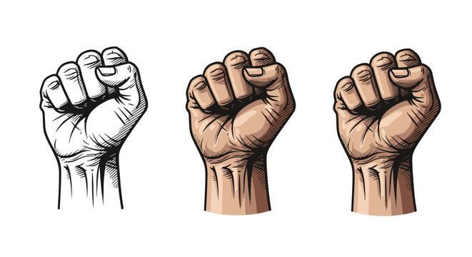 Three diverse graphic styles of a clenched hand fist, showing monochrome black and white line art and natural skin tone coloring.