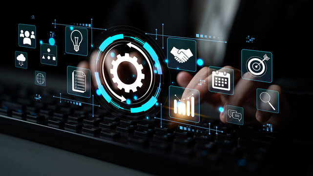 Hands on Keyboard and Digital Interface with Business Icons, Data Analysis, and Technology Representation for Modern Workplace and Innovation. Glyphic.