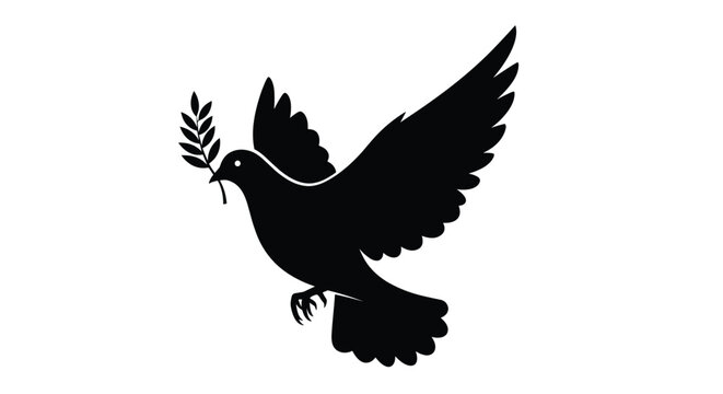 Black silhouette of a flying peace dove carrying an olive branch in its beak isolated on a white background.
