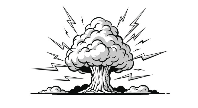 Retro style black and white vector illustration of a powerful nuclear explosion with radiating lightning.