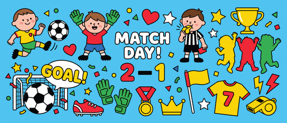 Fototapeta premium Football Match Day Kids Doodle Sticker Set with Soccer Players Goal Trophy Icons on Blue Background