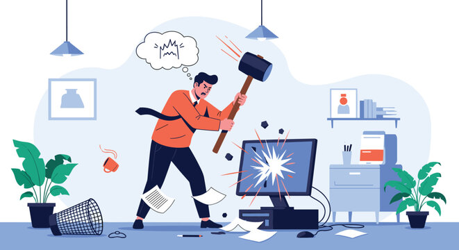 Angry businessman in an office destroying his computer monitor with a large heavy mallet due to extreme work frustration.