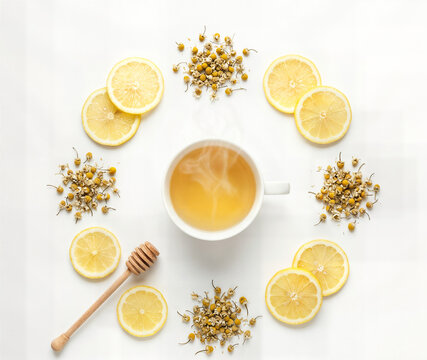 Herbal tea with lemon and chamomile in cup steam rising from beverage surrounded by dried flowers and citrus slices and honey dipper on white surface for relaxation.