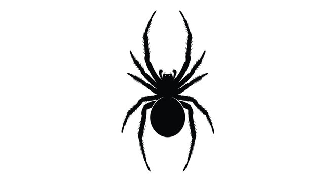 Symmetric black silhouette of a large tarantula venomous spider top view isolated on a white background.