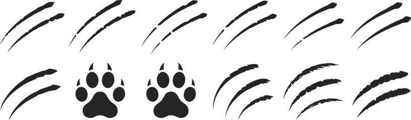 Set of wild animal claw marks and paw prints collection with predator silhouette aggressive dangerous footprint collection wildlife frightening © VectorVibe Studio