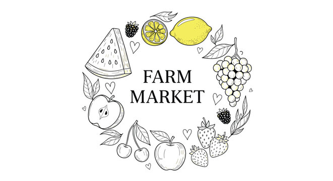 Circular wreath made of hand drawn fruit illustrations including apple grapes and berries around farm market text design.