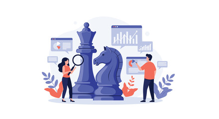 Naklejka premium Corporate business strategists planning tactical operations using giant chess pieces and financial analytic screens.