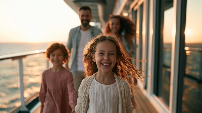 Happy Family Enjoys Summer Vacation on Cruise Ship Deck During Golden Hour With Smiling Children