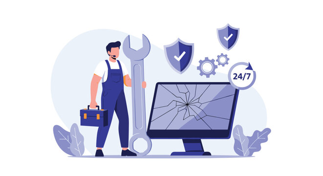 Technical support specialist holding a huge wrench and standing next to a broken computer screen for repair service.