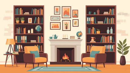 Naklejka premium Cozy interior design of a living room featuring a warm fireplace, two comfortable armchairs, large wooden bookshelves, and various wall art.