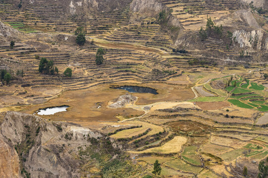 diferentes vistas del valle del Ca&ntilde;&oacute;n del Colca en Arequipa Per&uacute;, antiguas andener&iacute;as incas, rio, colinas y cielo con nubes