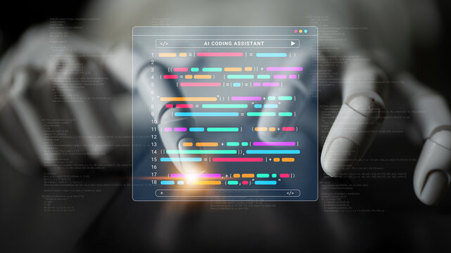 A futuristic AI coding assistant is showcased with hands actively engaging with a digital coding interface, highlighting the intersection of technology and creativity in programming. Cyphers