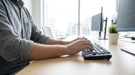 Fototapeta premium Programmer typing on custom mechanical keyboard sitting at wooden office desk with monitors