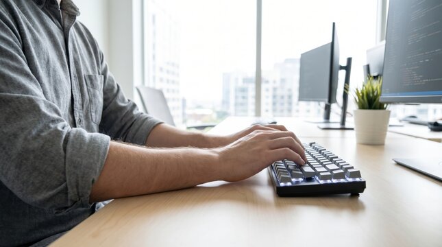 Programmer typing on custom mechanical keyboard sitting at wooden office desk with monitors