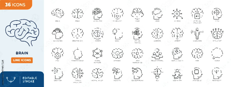 Brain line icons set for creative and educational purposes  various thinking head illustrations