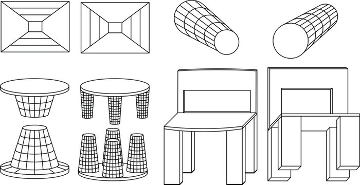3D isometric furniture wireframe and perspective geometric line art element set