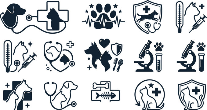 Veterinary Medical Icon Collection Featuring Pet Care Diagnostics Vaccination Microscope Animal Health and Clinic Symbols Vector