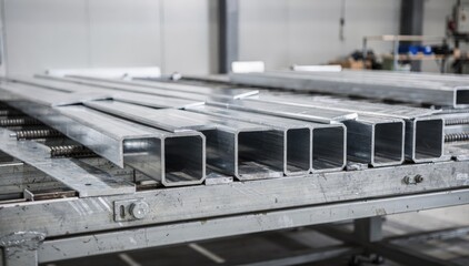 Fototapeta premium Medium shot showcasing dimensionally stable floor truss chords arranged on a workstation emphasizing durable material and uniform profiling for strong construction bases.