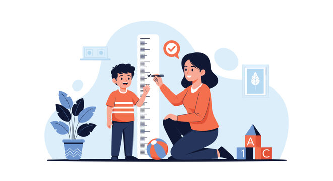 Loving mother measuring the height of her young son using a tall ruler scale in a playroom filled with toys and potted plants.