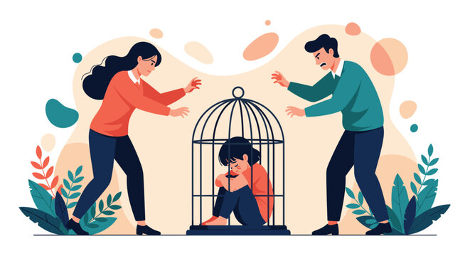 Sad child sitting inside a bird cage while her angry parents are shouting and fighting with each other on the outside background.