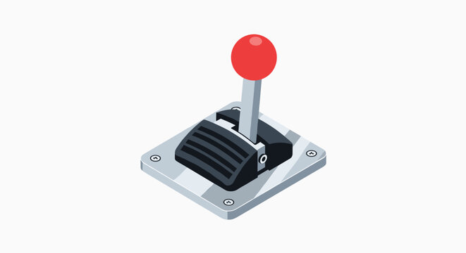Isometric design of a classical game controller joystick with a bright red spherical knob on a metal baseplate.
