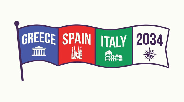 Stylized graphic illustration of a waving flag showcasing European countries Greece, Spain, and Italy with their iconic architectural symbols, pointing towards a future vision for 2034