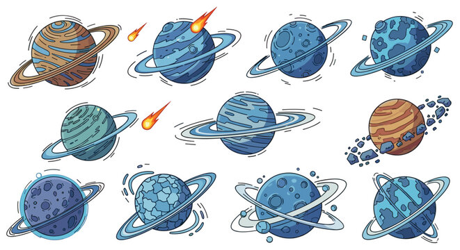 Educational graphics set of twelve different futuristic science fiction space planets on white background.